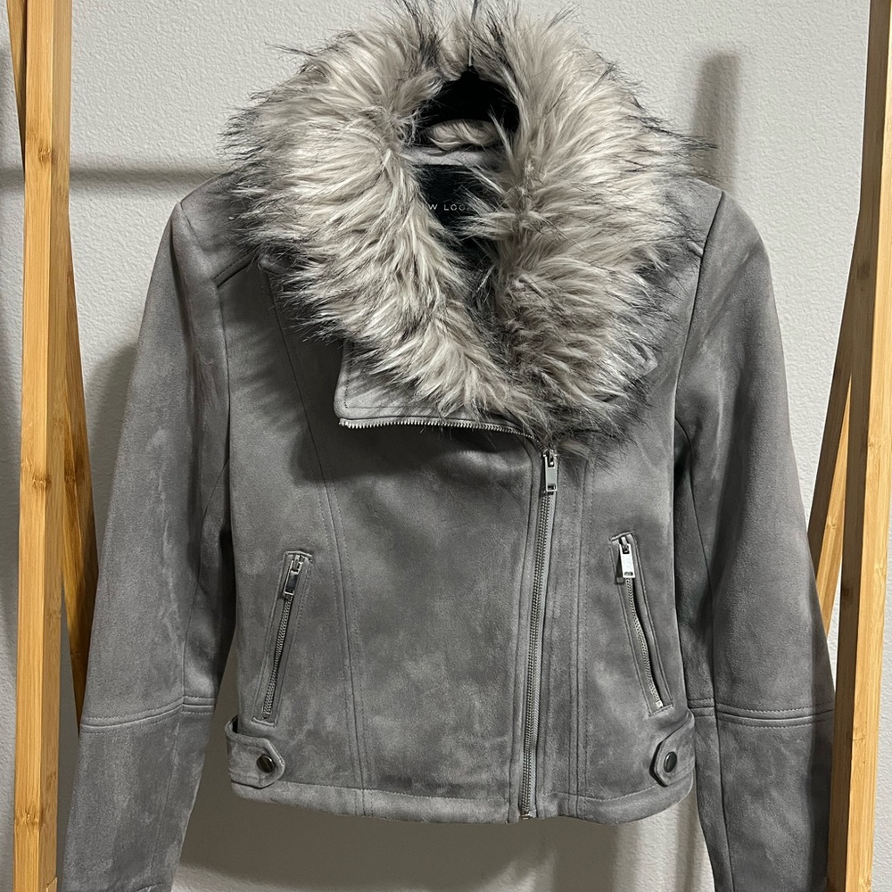 New Look Silver Leather Jacket with Faux Fur Collar